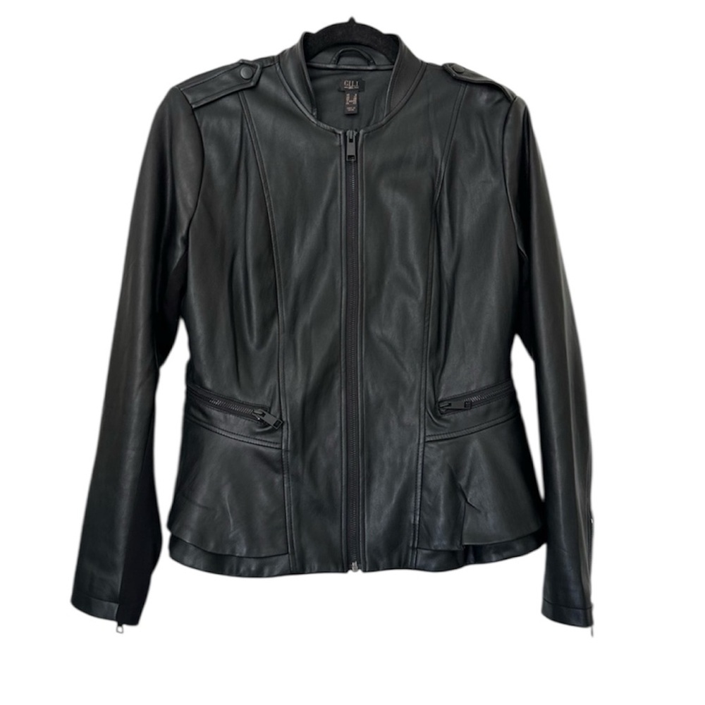 G.I.L.I Vegan Leather Zip Front Peplum Jacket Womens 8 Black
